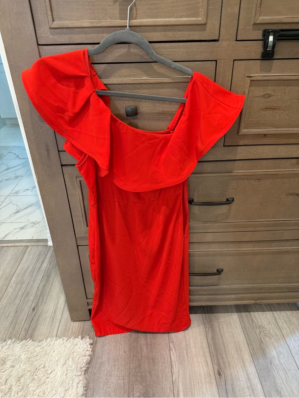 Lulumari Red One-Shoulder Ruffle Dress